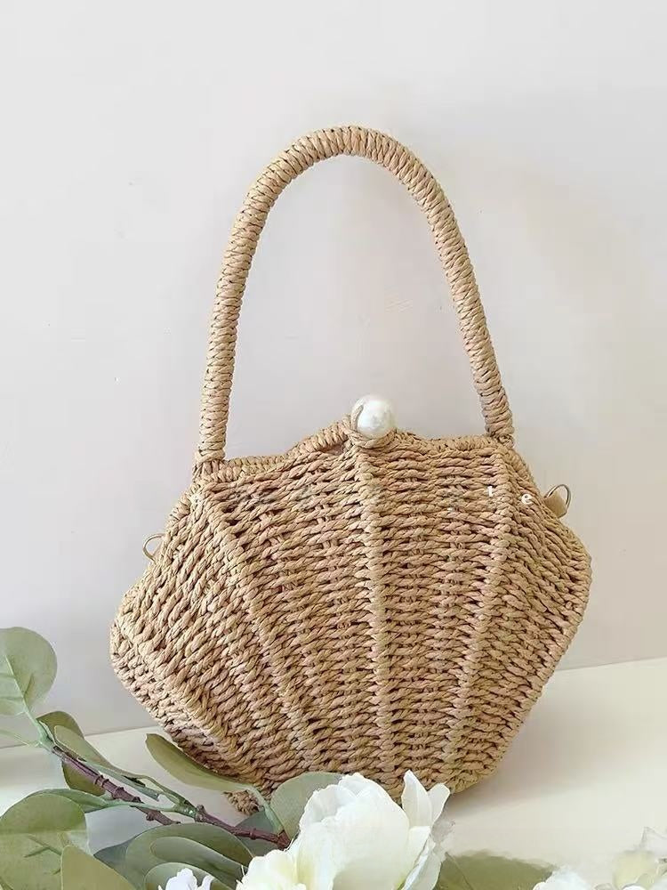 Hand-Woven Shell Women Crossbody Bag with Pearl Details