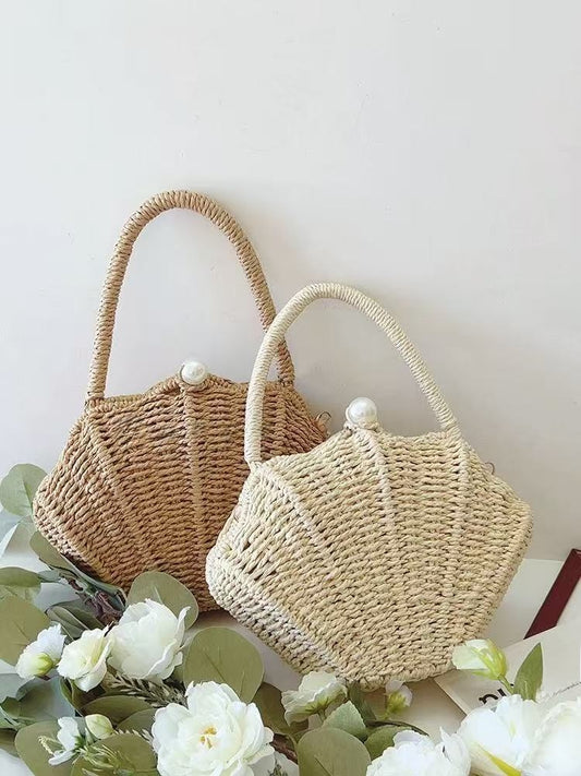 Hand-Woven Shell Women Crossbody Bag with Pearl Details